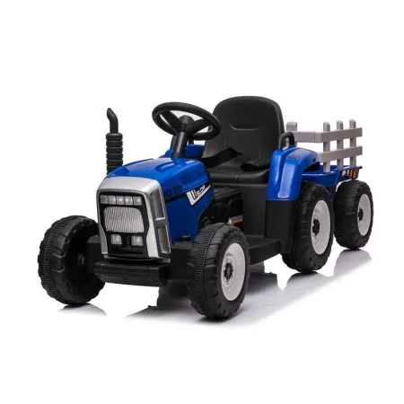 Blauwe 12-volt elektrische kindertractor en aanhanger met ...
