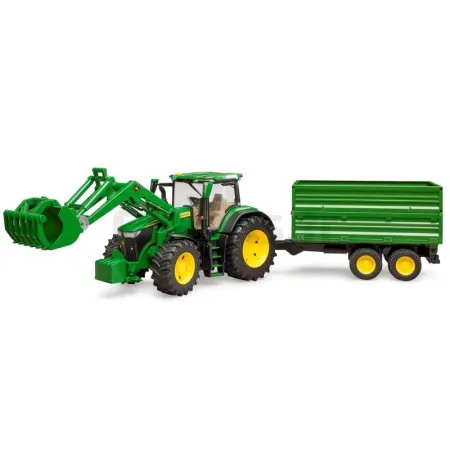 John Deere 7R 350 trekker met vorken en dubbeldeksaanhanger ...