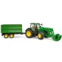 John Deere 7R 350 trekker met vorken en dubbeldeksaanhanger ...