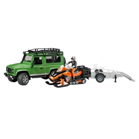 Land Rover Defender con remolque de moto de nieve y Bruder Carácter 0...