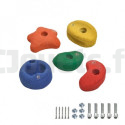 Colored climbing holds with hardware